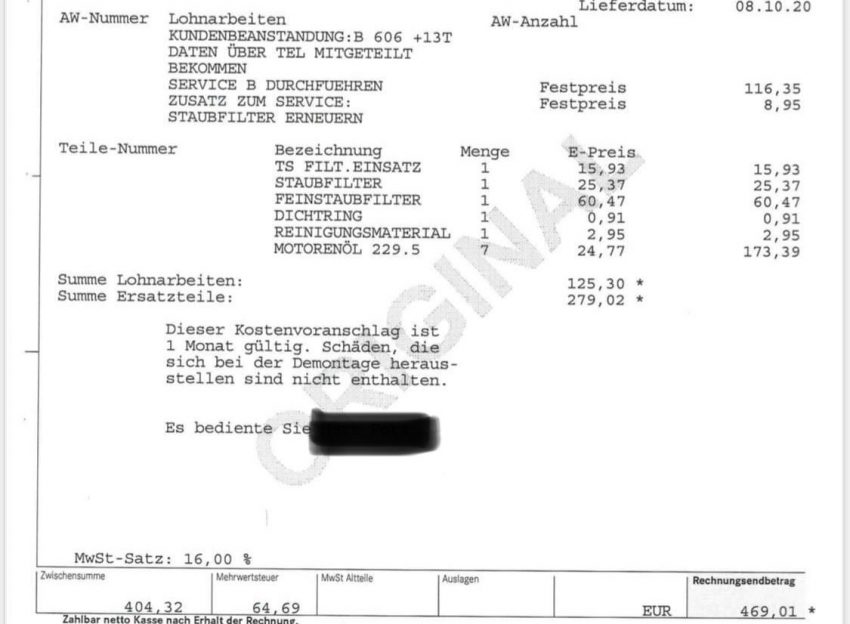 C Klasse Ölwechsel Rechnung